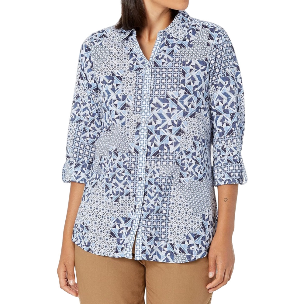 🌙Fox Croft  blue and white zoey LS GEO Tile Button Down Shirt size8 NWT.